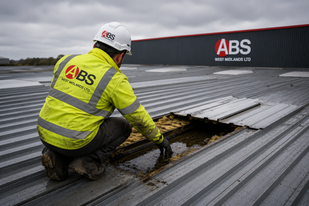 Industrial roof repairs inspection showing corrosion and failed fixings