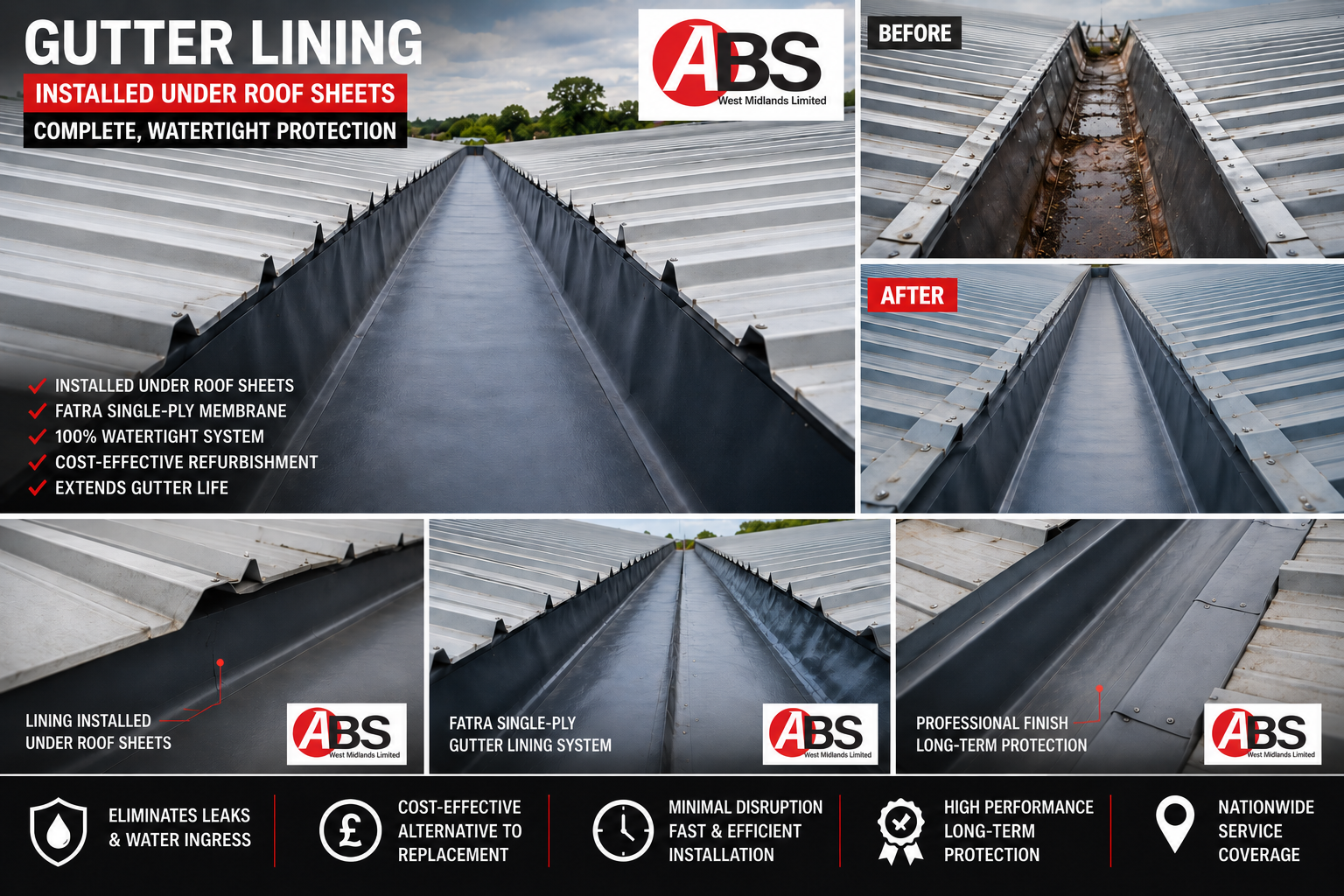 Industrial gutter lining system installed beneath roof sheets by ABS West Midlands Limited