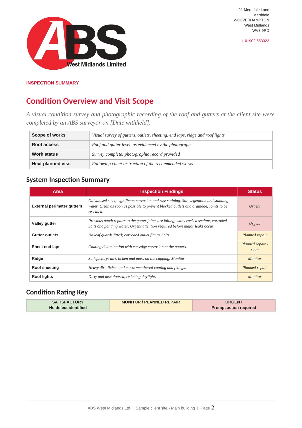 Inspection summary from an ABS roof survey report, with each roof element given a colour-coded condition rating